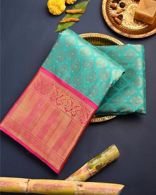 Denouement Rama Soft Banarasi Silk Saree with Unique Blouse Piece