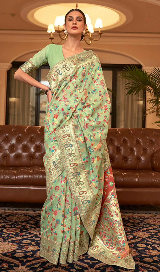 Transcendent Pista Soft Pachmina Silk Saree With Impressive Blouse Piece