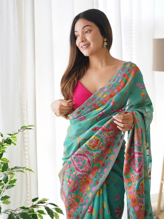 Chatoyant Rama Soft Banarasi Silk Saree with Snazzy Blouse Piece
