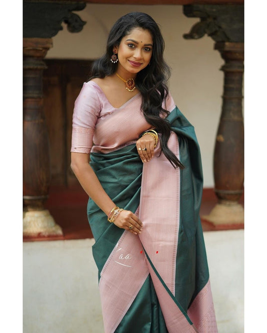 Stylish Rama Soft Banarasi Silk Saree with Unique Blouse Piece