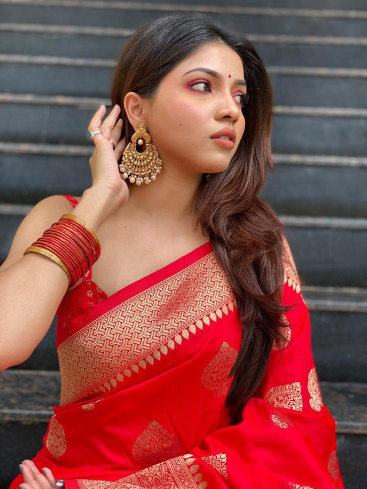 Woebegone Red Soft Banarasi Silk Saree with Unique Blouse Piece