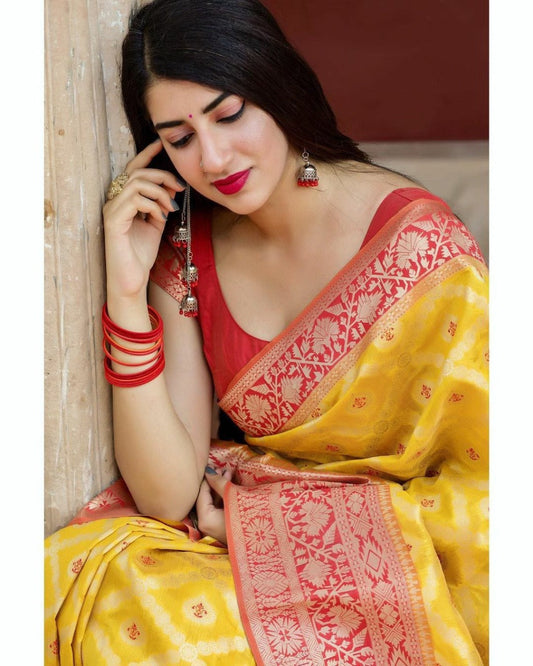 Yellow Women's Banarasi Saree With Designer Blouse, Trending Fashion