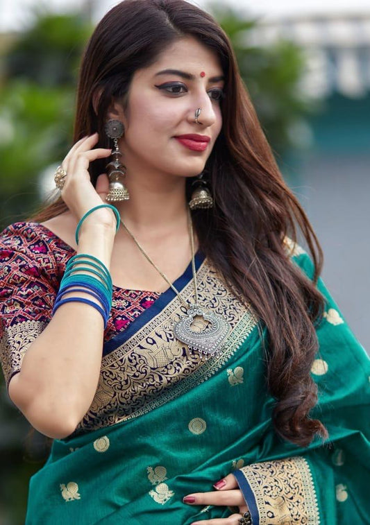 Women's Unique Rama Patola Banarasi Silk Saree With Dazzling Multi Colour Blouse Piece
