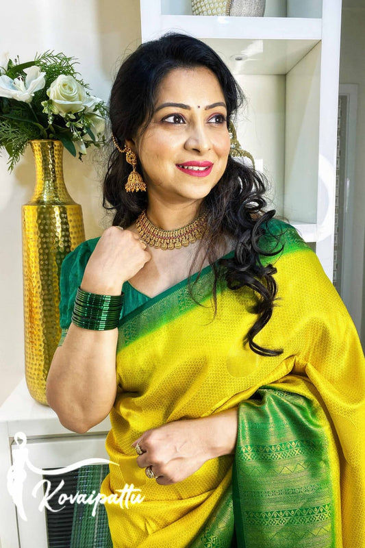 Yellow Green Warm Silk Saree Beautiful Jacquard Zari Weaving Work Rich Pallu With Beautiful Blouse