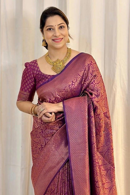 Banarasi Silk Attractive Wine Color Designer Bridal Wear Classy Look