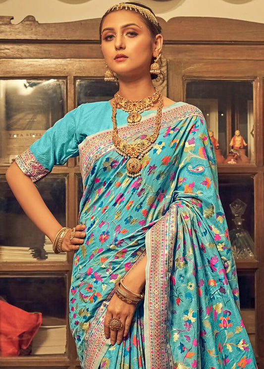 Sky Blue Women's Kanjivaram Soft Lichi Silk banarasi Jacquard Zari Woven Saree With Blouse Piece