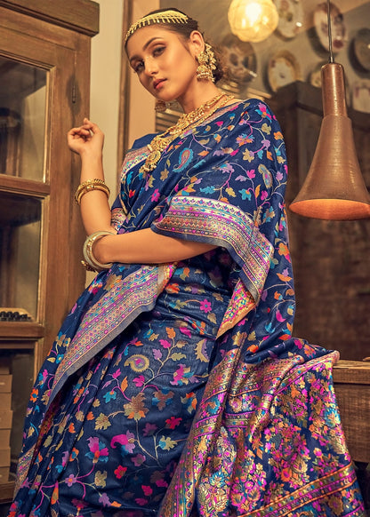 Women's Woven silk Saree With Free Size Blouse, Blue