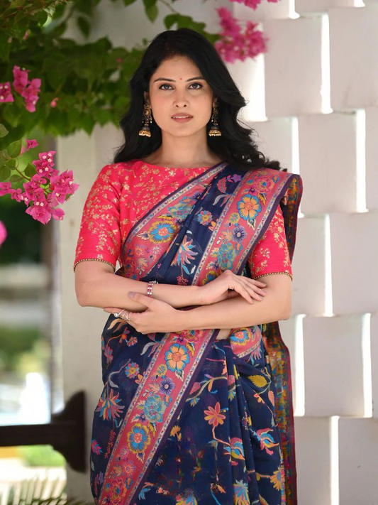 Stylish Blue & Pink Soft Banarasi Silk Saree with Unique Pink Blouse Piece
