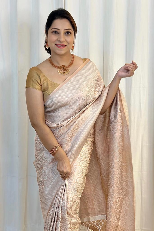 Banarasi Silk Attractive Carme Color Designer Bridal Wear Classy Look