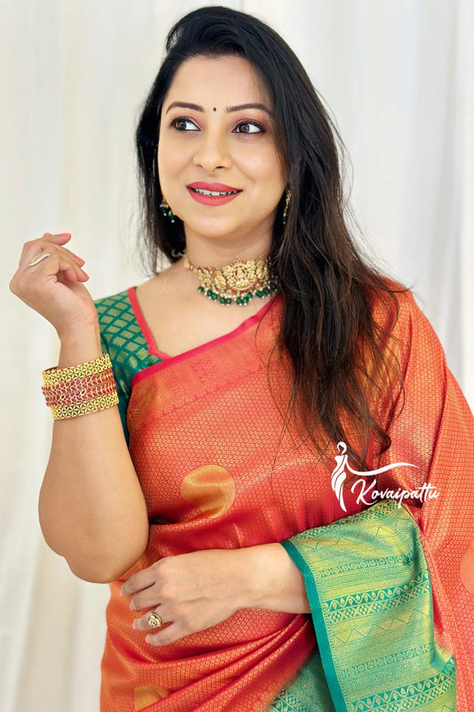 Red Green Warm Silk Saree Beautiful Jacquard Zari Weaving Work Rich Pallu With Beautiful Blouse