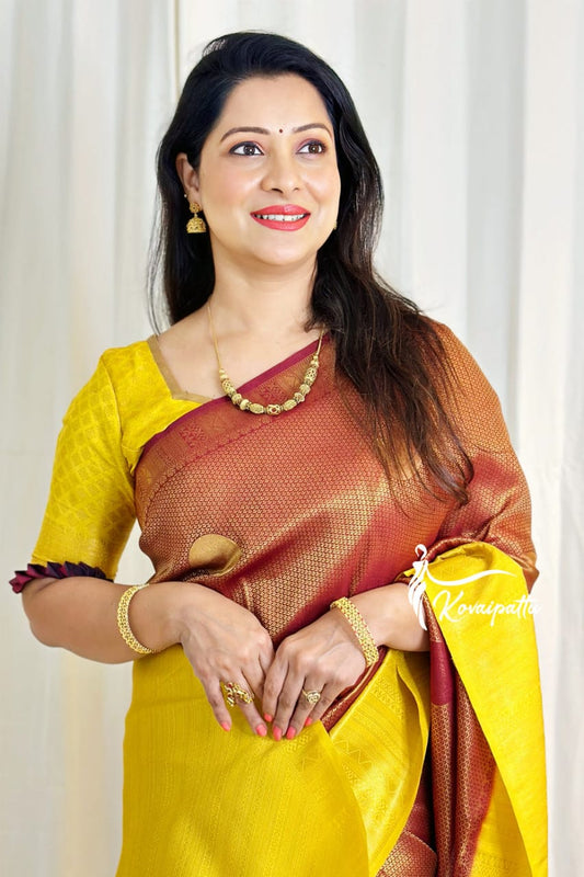 Yellow Brown Warm Silk Saree Beautiful Jacquard Zari Weaving Work Rich Pallu With Beautiful Blouse