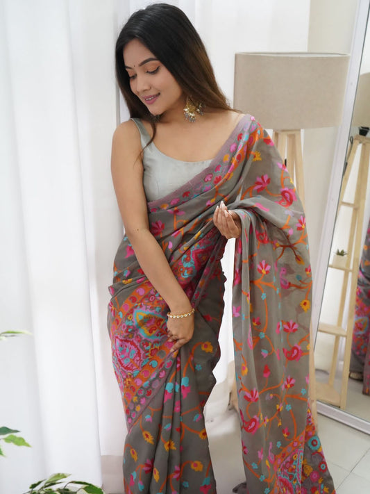 Gray Traditional Exclusive Soft Lichi Silk Trending Saree