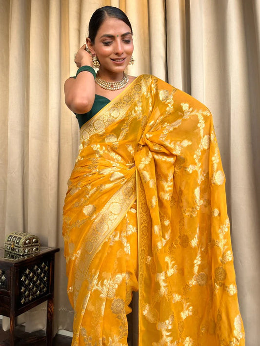Yellow Luxurious Banarasi Weaves iconic collections Silk Saree