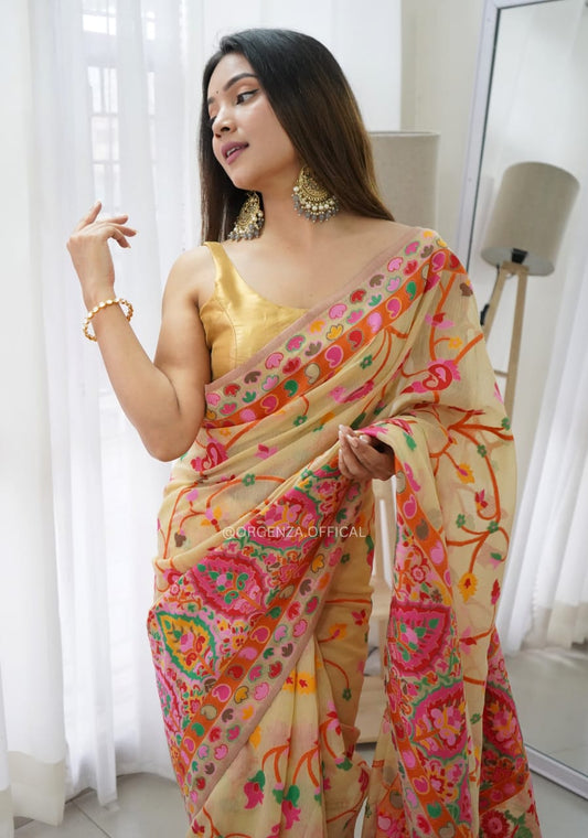 Sophisticated Light Yellow Soft Banarasi Silk Saree with Fancy Blouse Piece