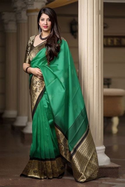 Partywaer Rama Soft Silk Saree With Pretty Blouse Piece