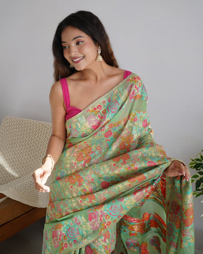 Pista Women's Banarsi Art Silk Saree With Unstitched Contrast Blouse