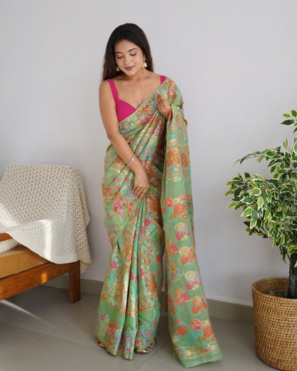 Pista Women's Banarsi Art Silk Saree With Unstitched Contrast Blouse