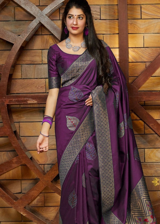 Purple Gorgeous Banarasi Silk Saree with Demesne Blouse Piece