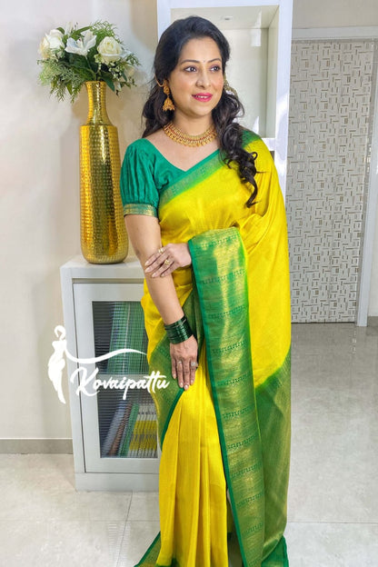 Yellow Green Warm Silk Saree Beautiful Jacquard Zari Weaving Work Rich Pallu With Beautiful Blouse