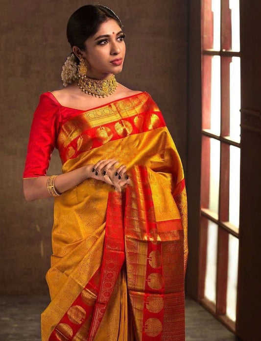 Stylish Red - Yellow Soft Silk Saree with Unique Red Blouse Piece