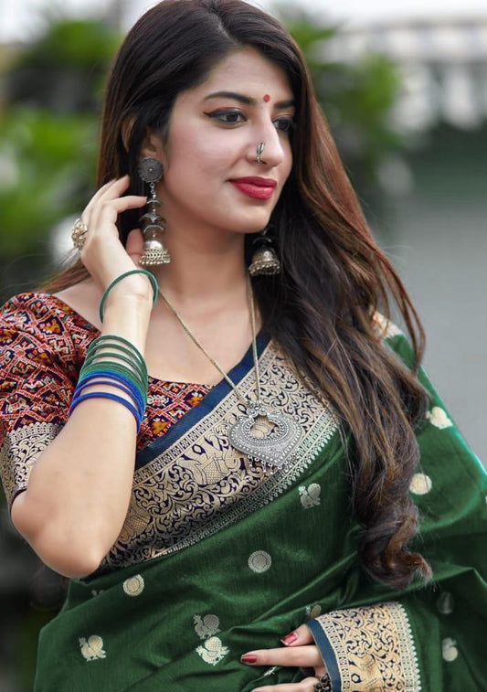 Women's Unique Green Patola Banarasi Silk Saree With Dazzling Multi Colour Blouse Piece
