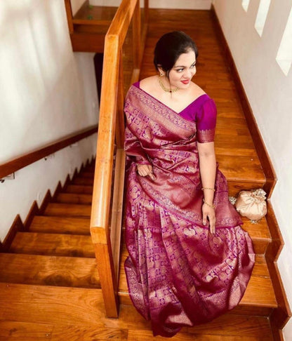 Purple Jacquard Checks Soft Lichi Silk Saree With Blouse Piece