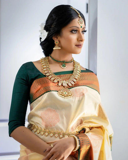 Cream White Banarasi Silk Saree with Most Stunning Blouse Piece