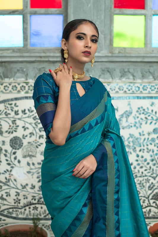 Rama Banarasi Colored Soft Silk Designer Saree With Blouse
