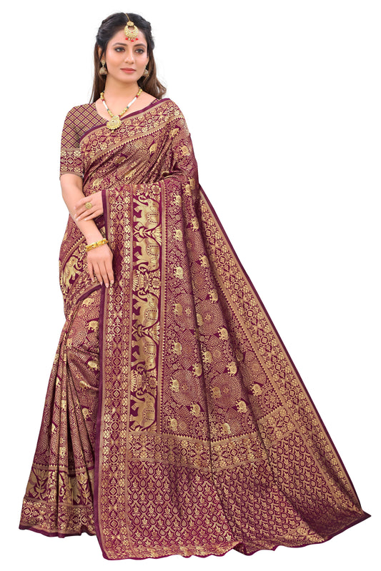 Maroon Gorgeous Banarasi Silk Saree with Demesne Blouse Piece