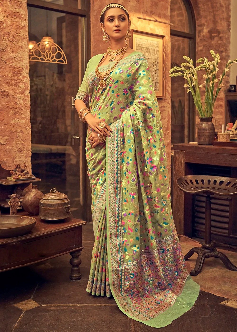 Stylish Pista Soft Banarasi Silk Saree with Unique Pink Blouse Piece