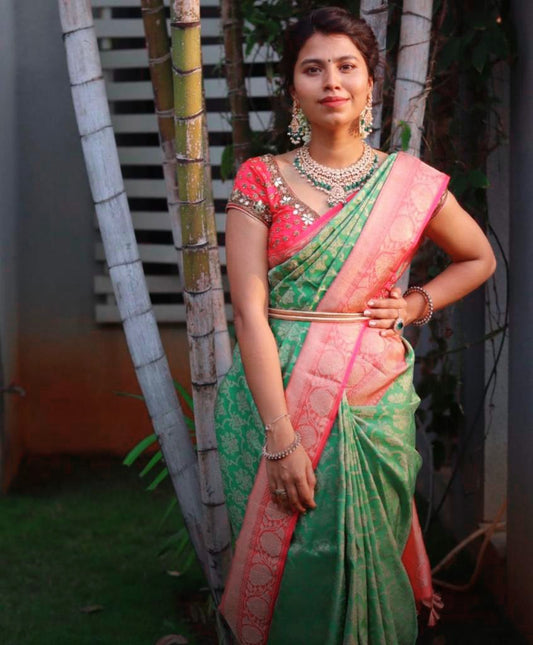 Artistic Green & Pink Banarasi Satin Silk Saree with Rich Green Blouse Piece