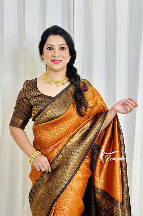 Women's Banarasi Jacquard Soft Lichi Silk Saree with Blouse Piece, Orenge