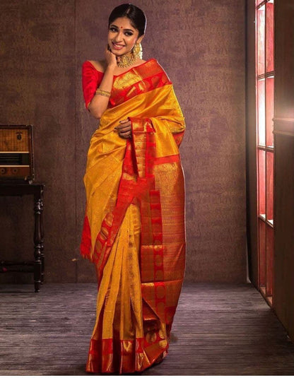 Stylish Red - Yellow Soft Silk Saree with Unique Red Blouse Piece