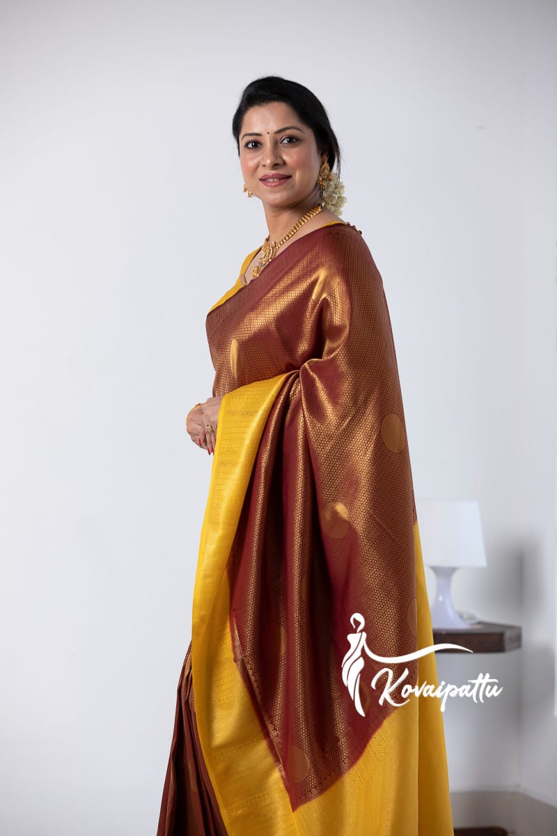 Yellow Brown Warm Silk Saree Beautiful Jacquard Zari Weaving Work Rich Pallu With Beautiful Blouse