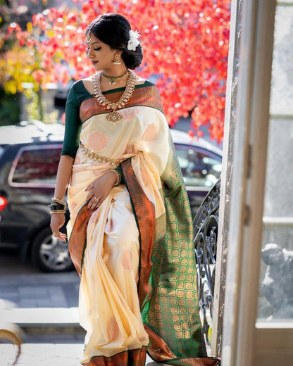Cream White Banarasi Silk Saree with Most Stunning Blouse Piece