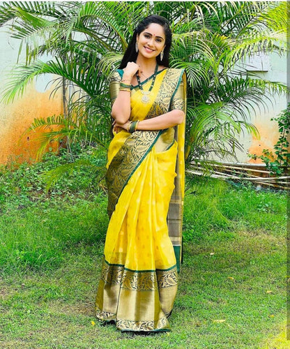 Yellow Soft Banarasi Silk Saree with Amazing Blouse Piece