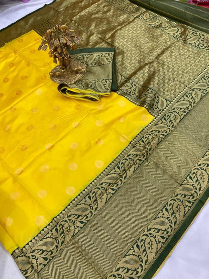 Yellow Soft Banarasi Silk Saree with Amazing Blouse Piece