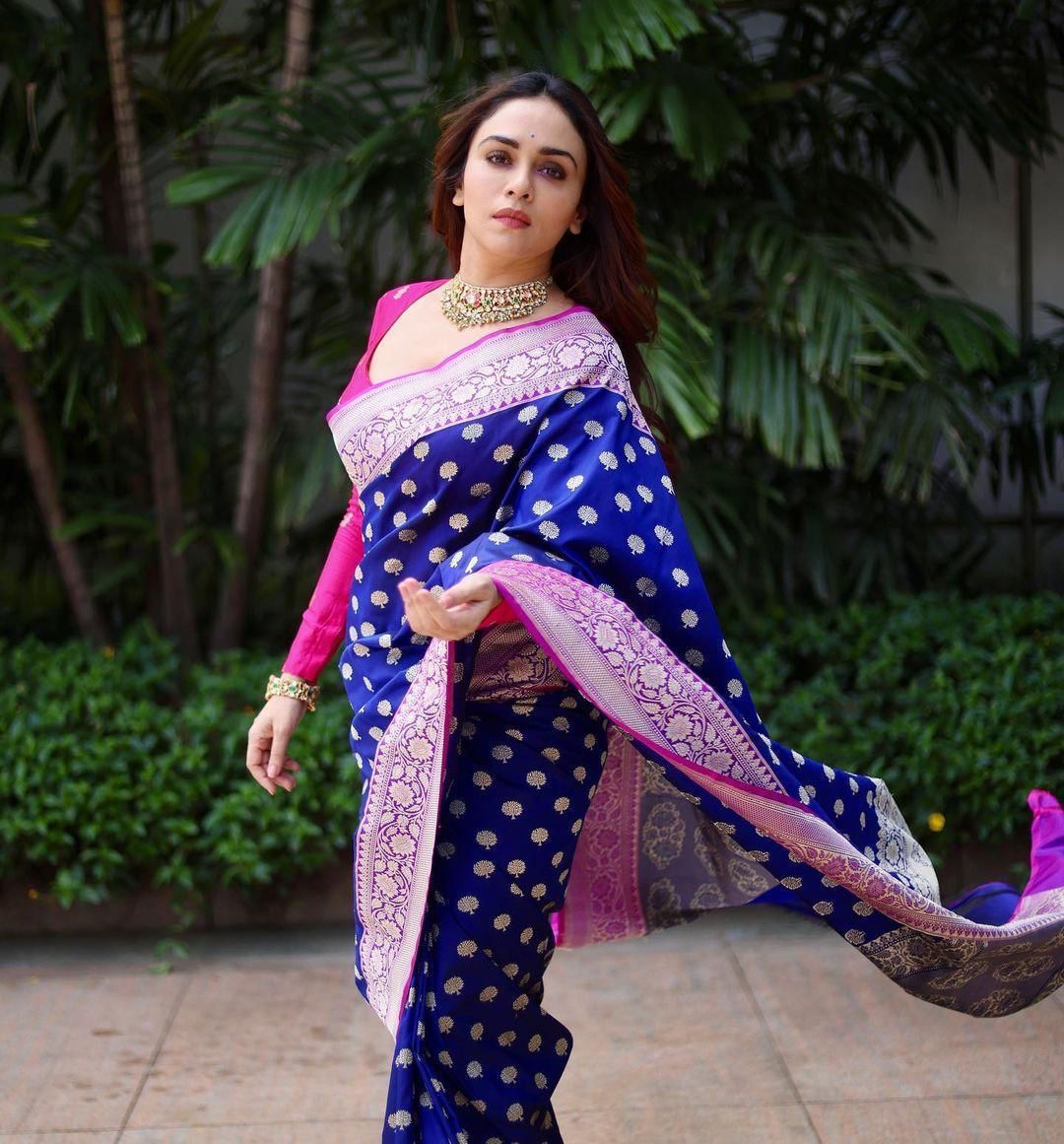 Wonderful Blue Pink Soft Silk Saree with Evanescent Blouse