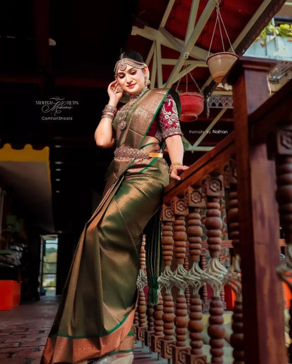 Green Lichi Silk Wedding Wear Banarasi Saree With Blouse
