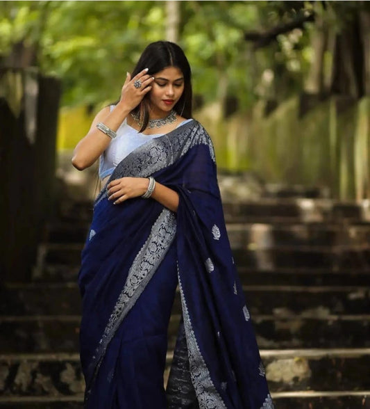 Unequalled Blue Soft Banarasi Silk Saree With Staring Blouse Piece