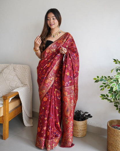 Maroon Amazing Soft Banarasi Silk Saree with Unique Blouse Piece