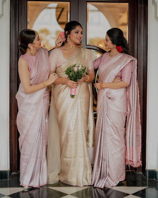 Baby Pink Banarasi Silk Sarees with antique Jari work saree with blouse