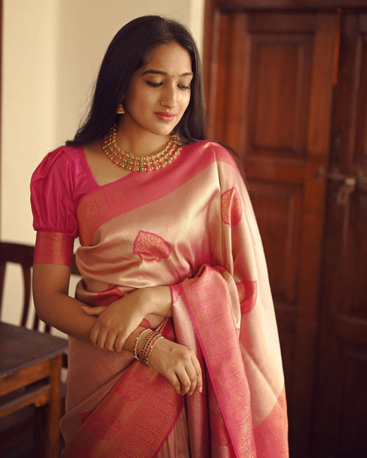 Baby Pink Women's Banarasi Silver Zari Weaving Silk Saree