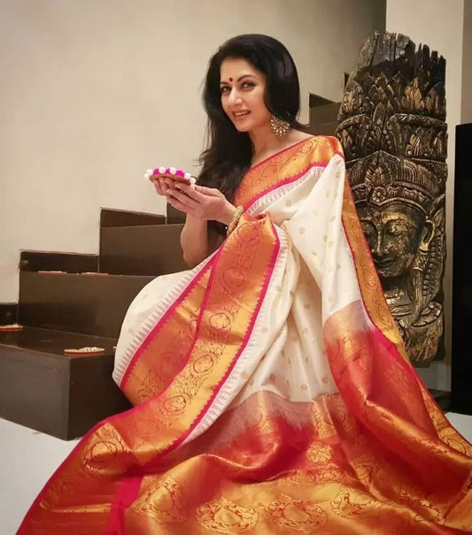 Beautiful Cream Banarasi Soft Silk Saree With Attractive Blouse Piece