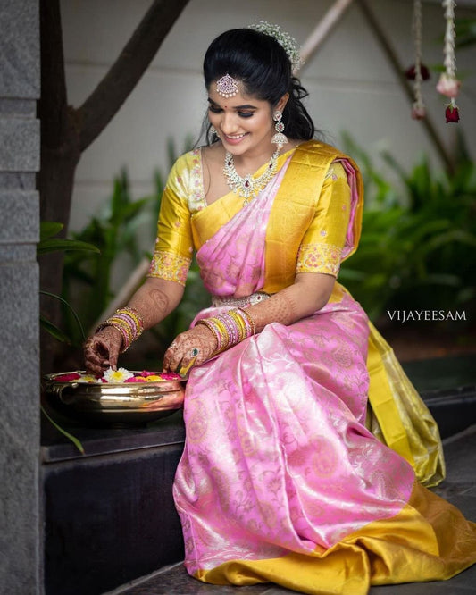 Inspiring Pink & Yellow Soft Banarasi Silk Saree with Snazzy Blouse Piece