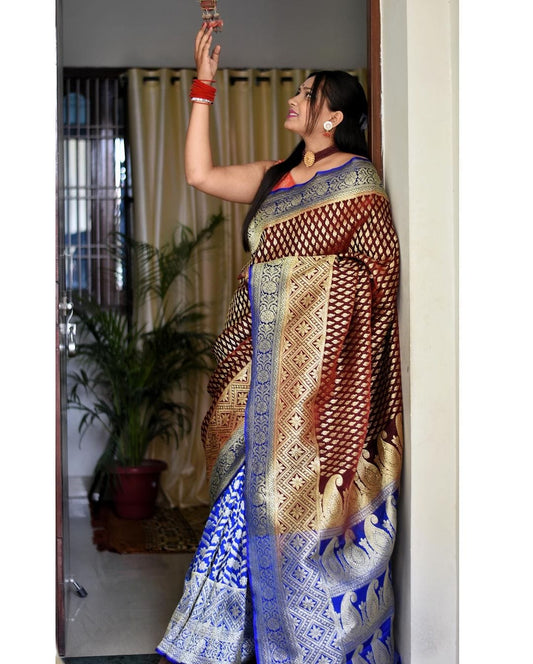 Artistic Brown & Blue Banarasi Satin Silk Saree with Rich Wine Blouse Piece