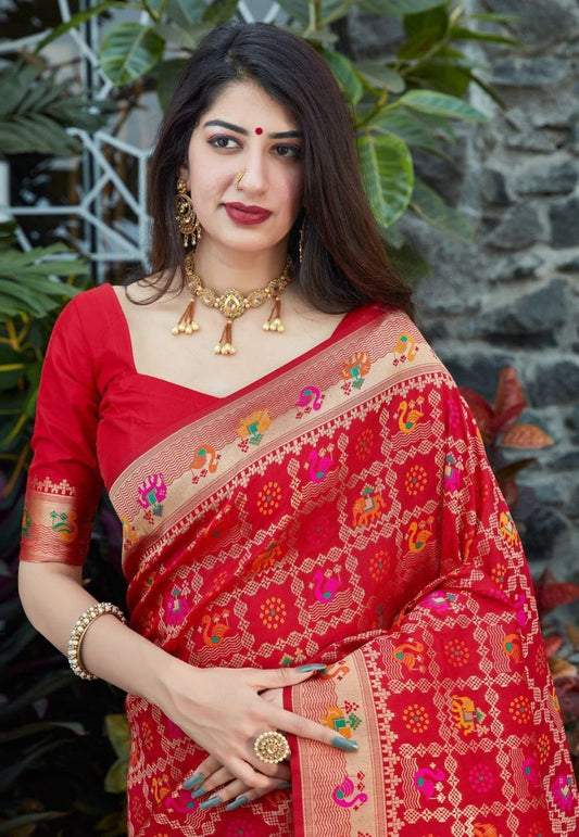 Clasic Patola Type Red Soft Silk Saree with Classic Blouse Piece