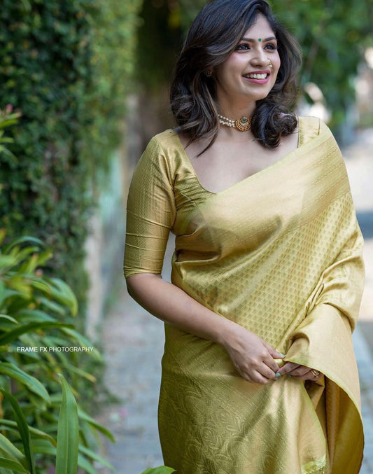 Amazing Yellow Soft Banarasi Silk Saree with Unique Blouse Piece