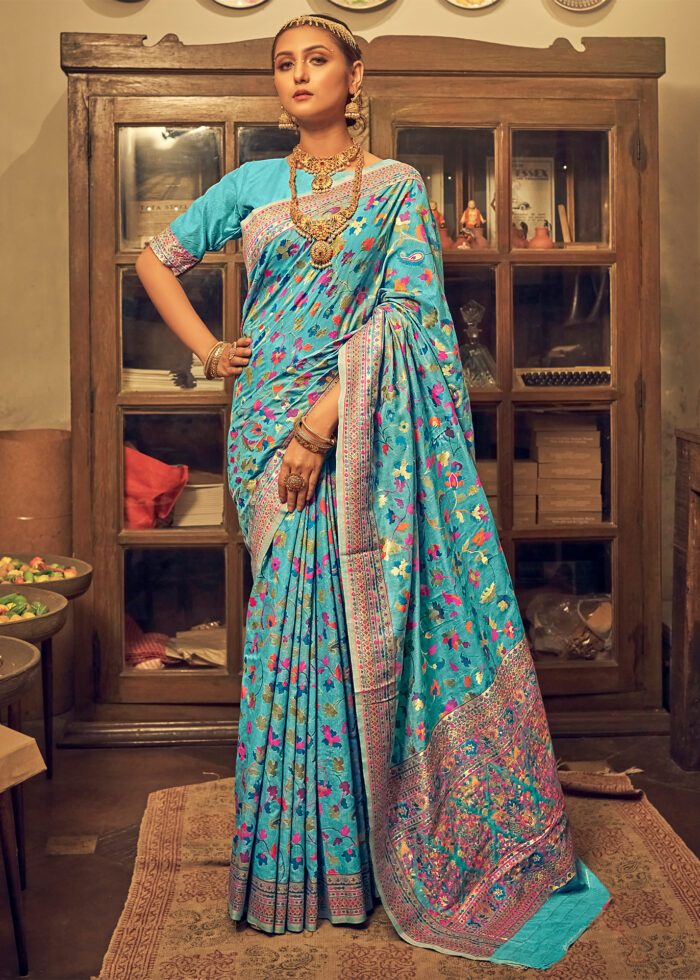 Sky Blue Women's Kanjivaram Soft Lichi Silk banarasi Jacquard Zari Woven Saree With Blouse Piece
