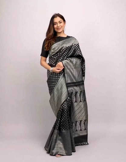 Amazing Black Soft Banarasi Silk Saree with Unique Blouse Piece